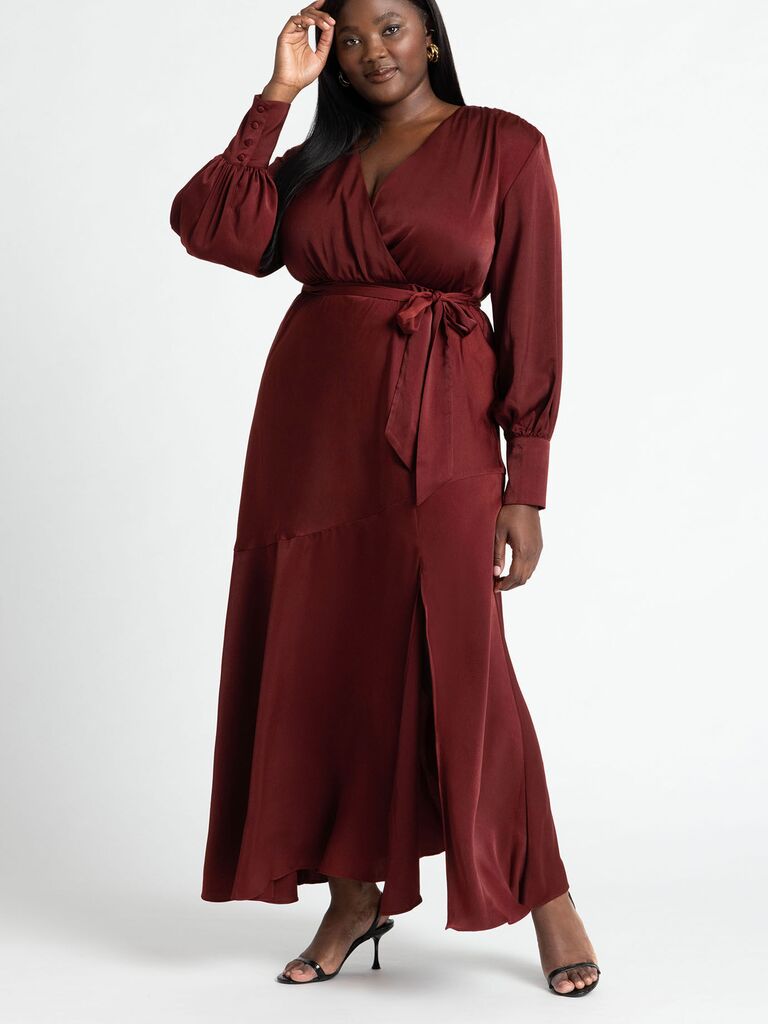 Maroon v-neck silk maxi fall wedding guest dress from eloquii