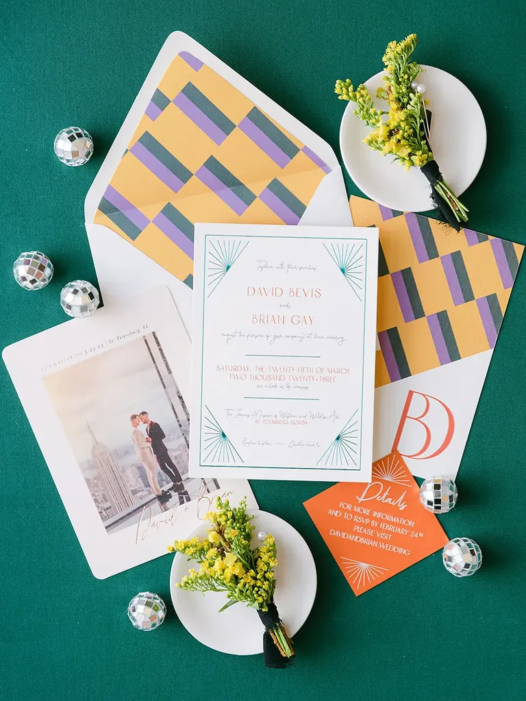Colorful, Disco-Themed Invitation Suite With, Funky Liner, Boutonnieres