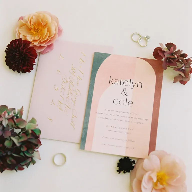 Modern Geometric Invitation Design, Pinks, Green, Brown, Fall Wedding