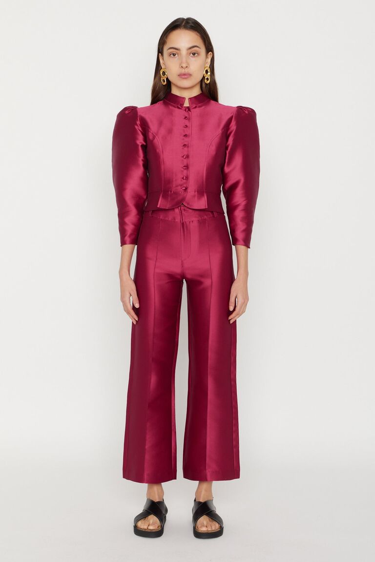 Silk pantsuit for a wedding guest by Destree. 