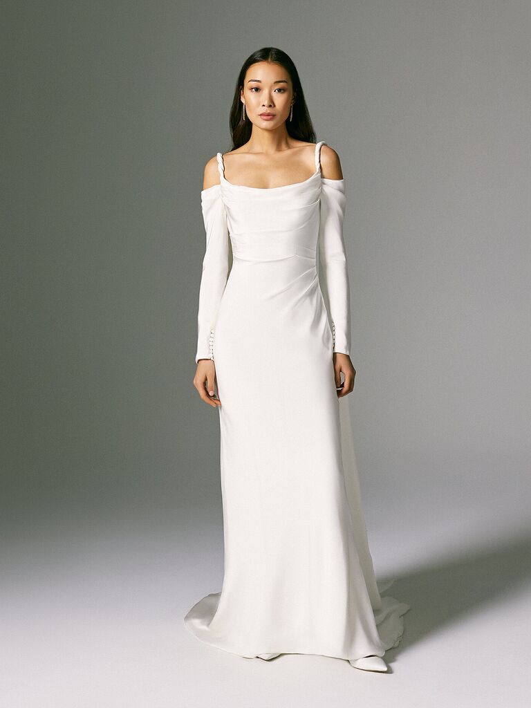 Off-the-shoulder long sleeve sheath wedding gown