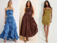 Collage of three affordable wedding guest dresses.