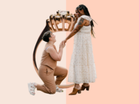 Couple getting engaged with graphic of an engagement ring behind them