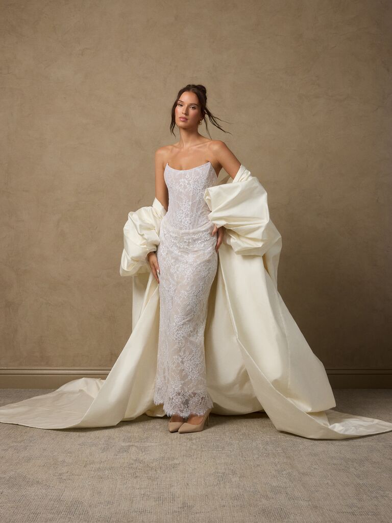Bride wearing jacket veil from Katherine Tash