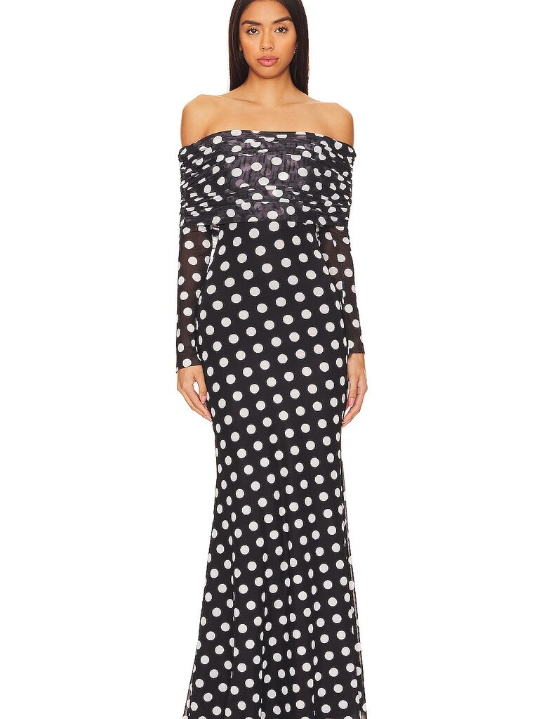 Off the shoulder black and white polka dot dress